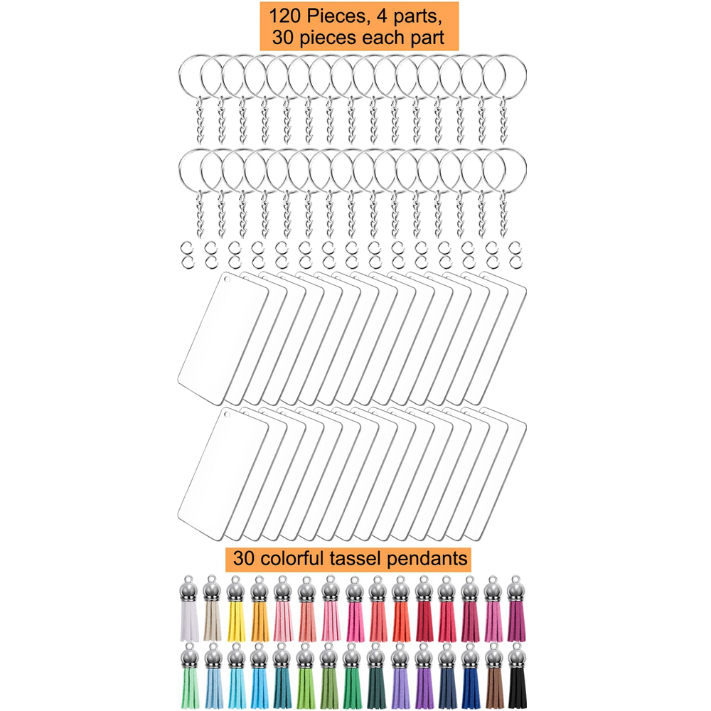 Ensemble de porte-clés vierges en acrylique, breloques à pampilles, ornements rectangulaires transparents, porte-clés vierges pour l'artisanat de bricolage, 120 pièces, 160 pièces: WHITE