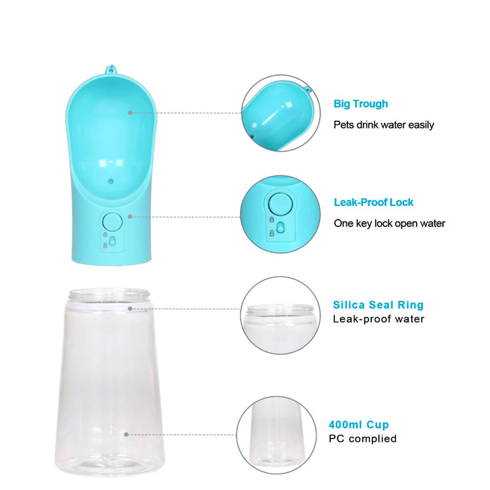 Bouteille d'eau portable pour chien et chat 400ml avec verrouillage à une clé, pour voyage en plein air