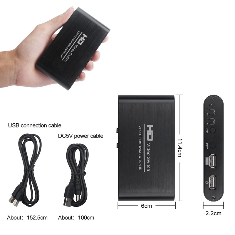 2 Port Kvm Switch Hdmi 4K Usb Hdmi Kvm Switcher Splitter Met Kabel Voor Toetsenbord Muis Printer Monitor