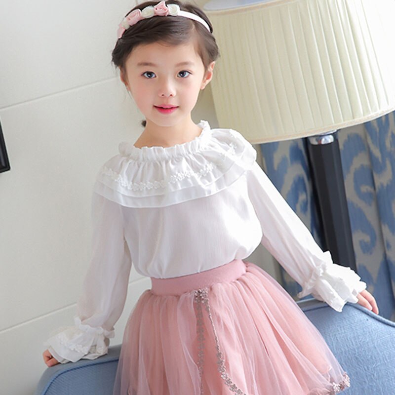Blusa de manga larga con volantes para niña, camisa de gasa para primavera y verano, ropa para niño, Tops escolares RT408: white / 3 años