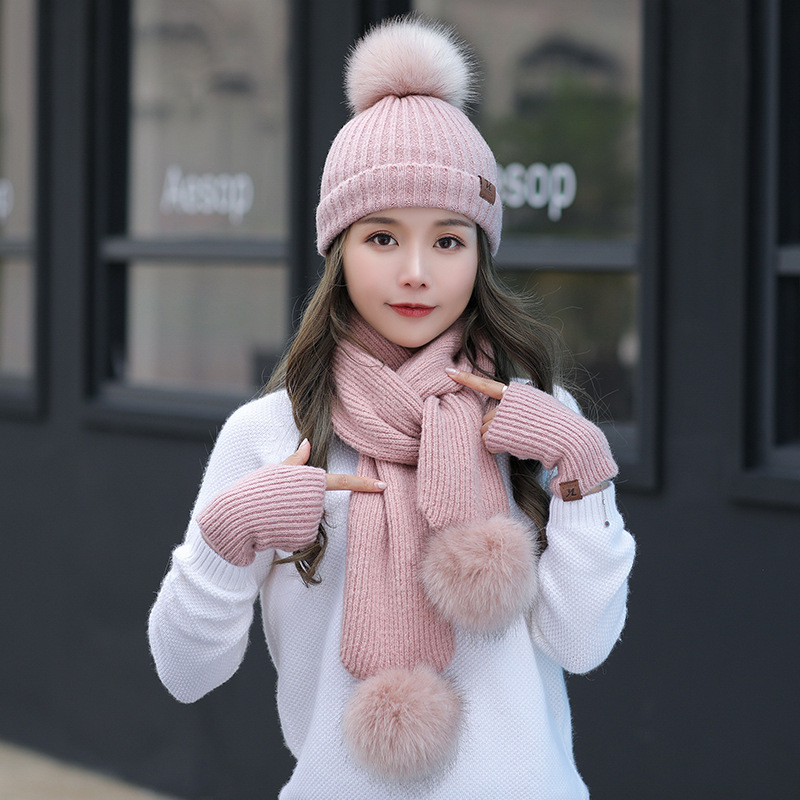 , conjunto de guantes de lana para invierno, bufanda, conjunto de guantes gruesos para mujer, gorro y bufanda suave, gorro para chicas, Gorro con pompón de bola