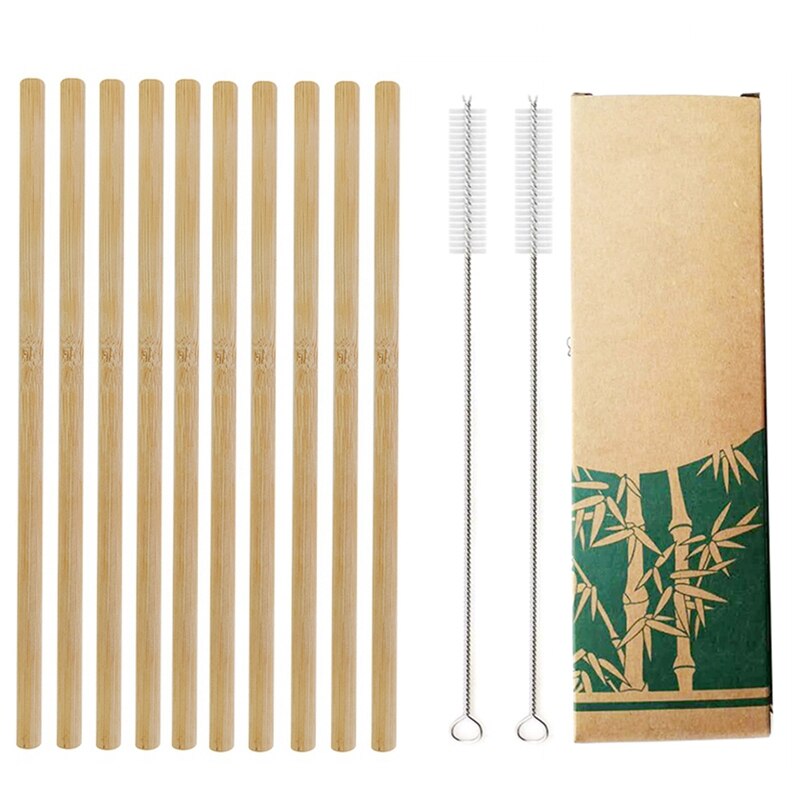 Natural Bamboo Straw Reusable Drinking Straws with Case + Clean Brush Eco-friendly Bamboo Straws Bar Cocktail Drinks Tools: 10Pcs Straight Box