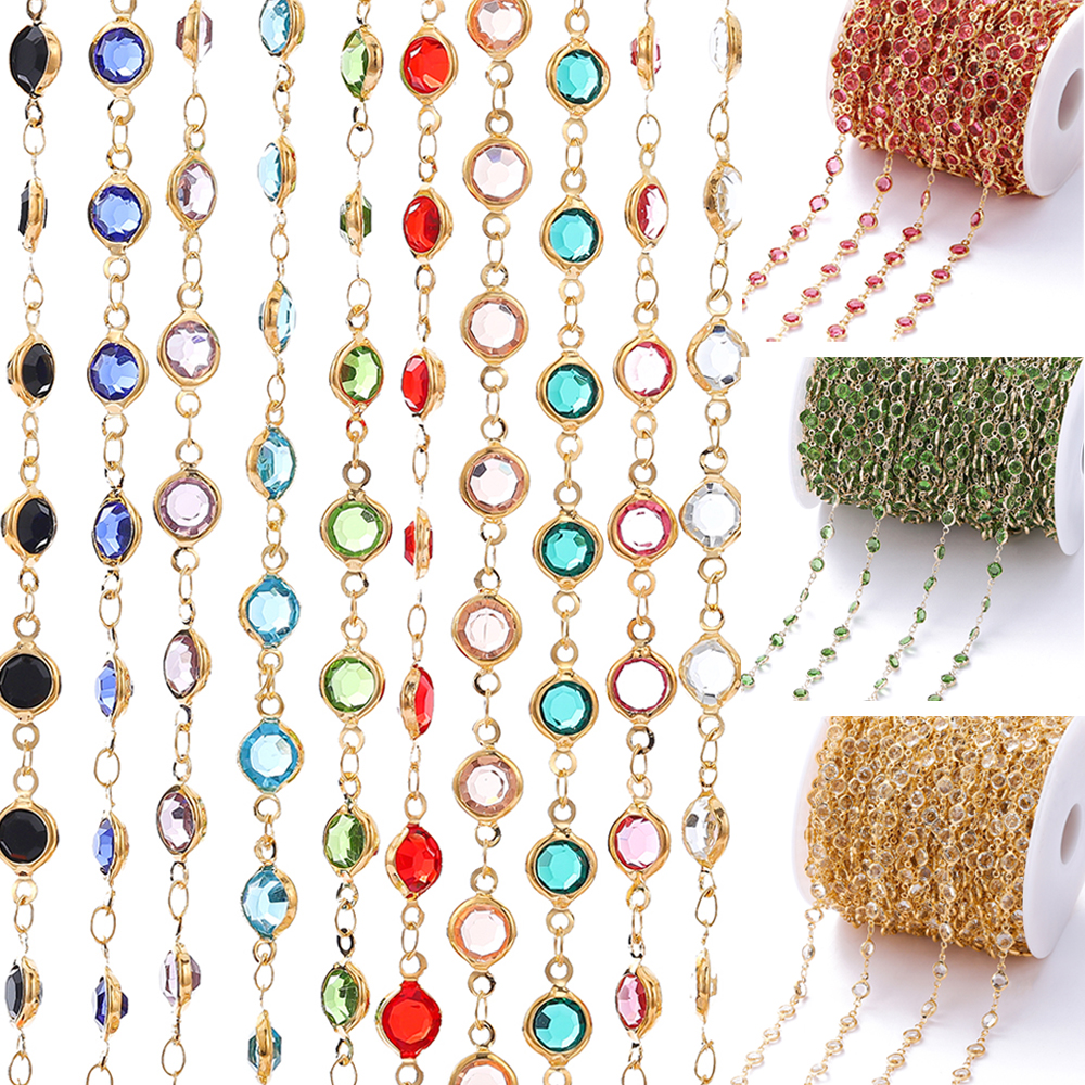 1 metro/rollo de cuentas de cristal coloridas de 6mm, cadena con cuentas de cristal, collar de oro KC, accesorios de cadena para manualidades para hacer joyería DIY