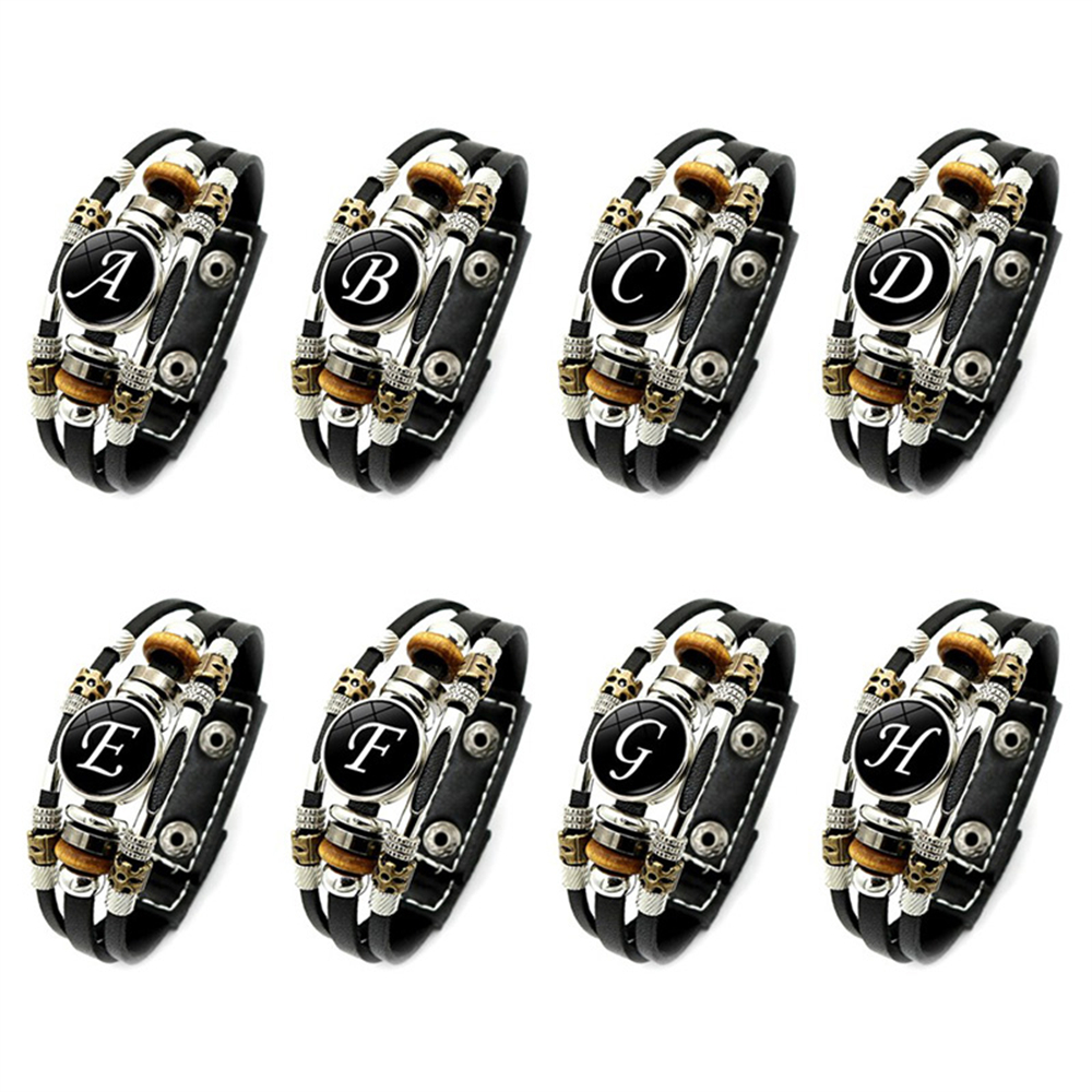 Retro A-Z Initial Alphabet Bracelet Adjustable Leather Double Side Hand Made Rope Bangles for Men Boy Jewelry