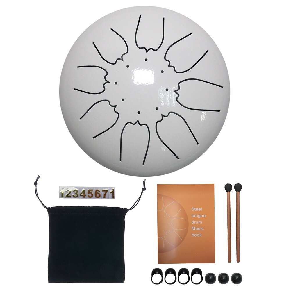 Steel Tongue Drum 6 inch 8 Tune Hand Pan Drum Set Tank Hank Drum with Drumstick Pad Carrying Bag Percussion Instrument: White