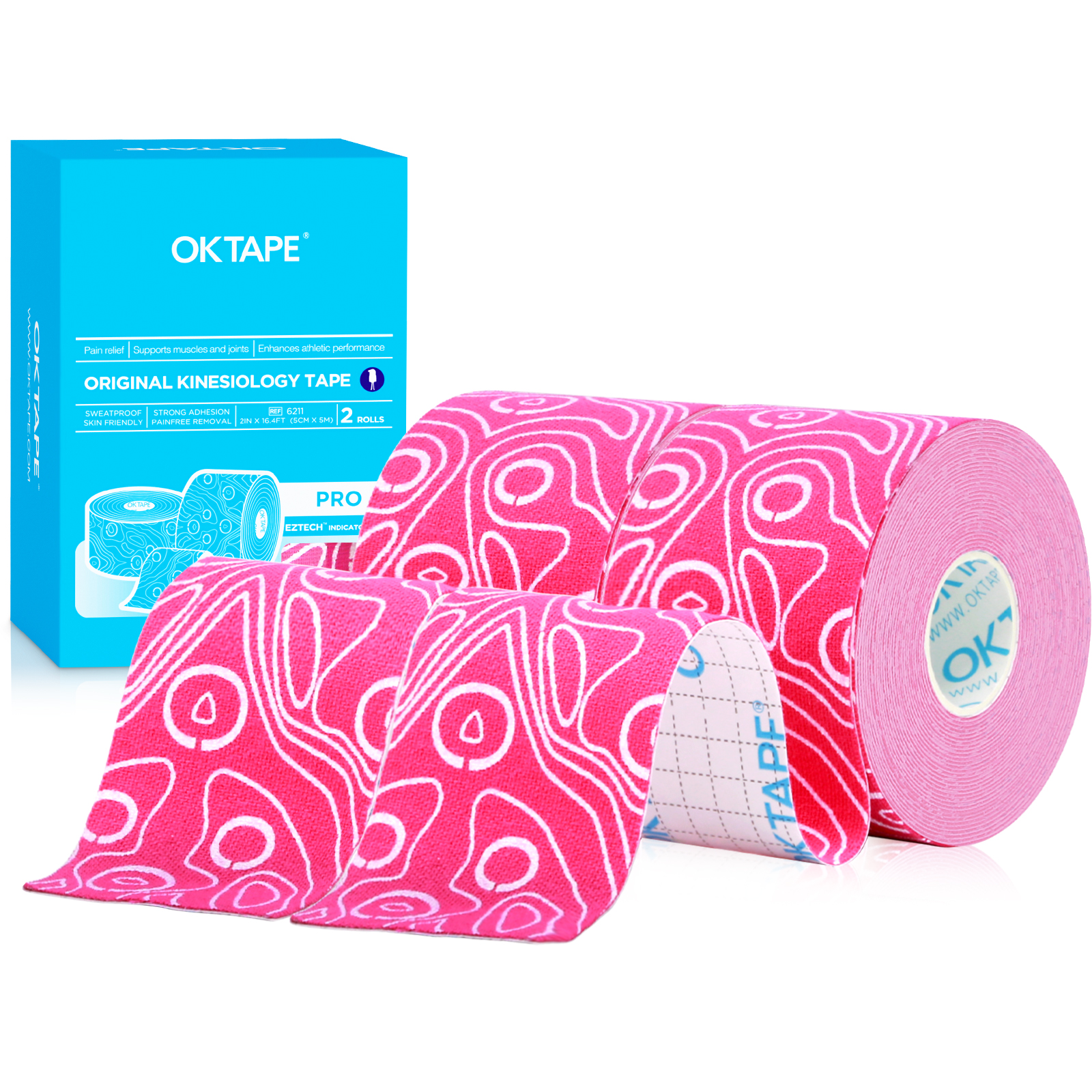 2 Rollen OK Band Profi Kinesiologie-Band, neue Verpackung, 5 cm x 16 Fuß, frei geschnittenes Klebeband, aktualisiertes elastisches Sportband, therapeutisches latexfrei: Blau