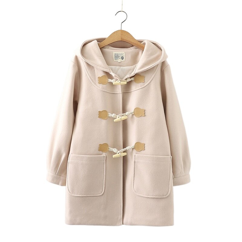 Cappotto di lana con bottoni in corno di orso in stile giapponese donna di media lunghezza 2020 autunno inverno cappotto di capispalla allentato Casual spesso 2010622