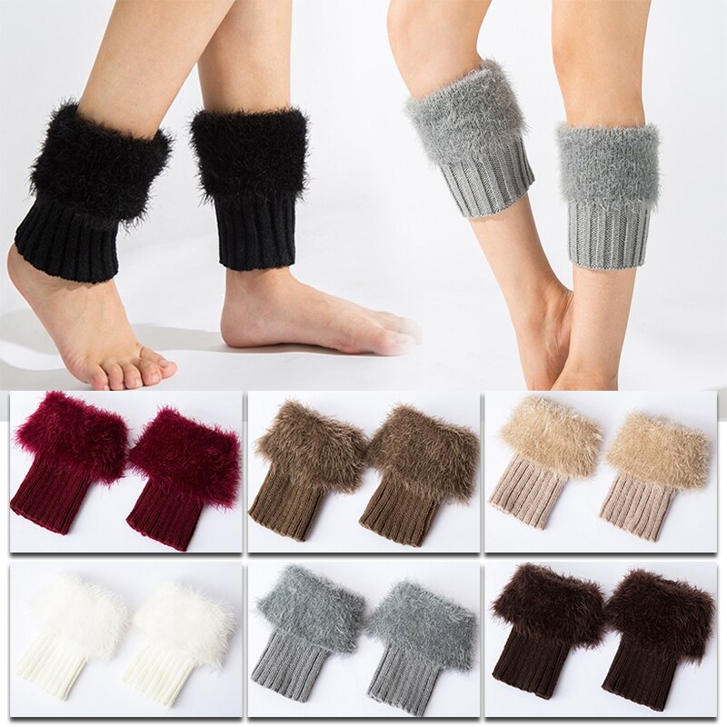 Womens Winter Warm Crochet Knit Fur Trim Leg Warmers Cuffs Toppers Boot Socks Women's Ankle Socks Legs Warmers Shoes Set