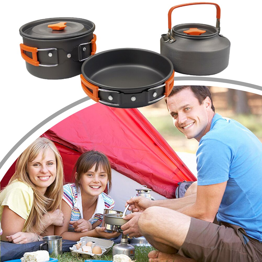 3pcs/Set Camping Hiking Cookware Utensils Ultra-light Aluminum Alloy Outdoor Cooking Teapot Picnic Tableware Kettle Frying Pan