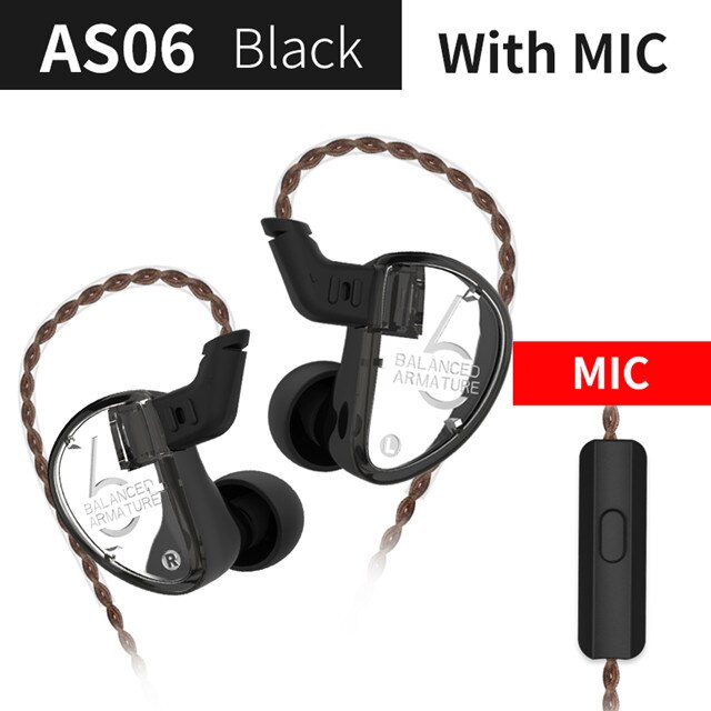 KZ AS06 3BA Balanced Armature In Ear Earphone HIFI Running Sport Earphones Earplug Headset KZ ZS10 ZSX ZST AS16 ZSN ZSTX V90 BA5: black with mic