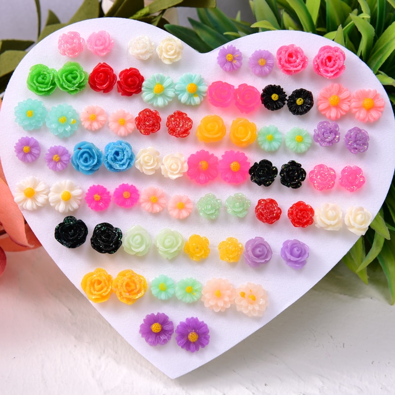 36 Pairs/Set Pink Flower Earrings Trendy Mix Cartoon Plastic anti-allergy Stud Earrings for Women Girls Child Jewelry