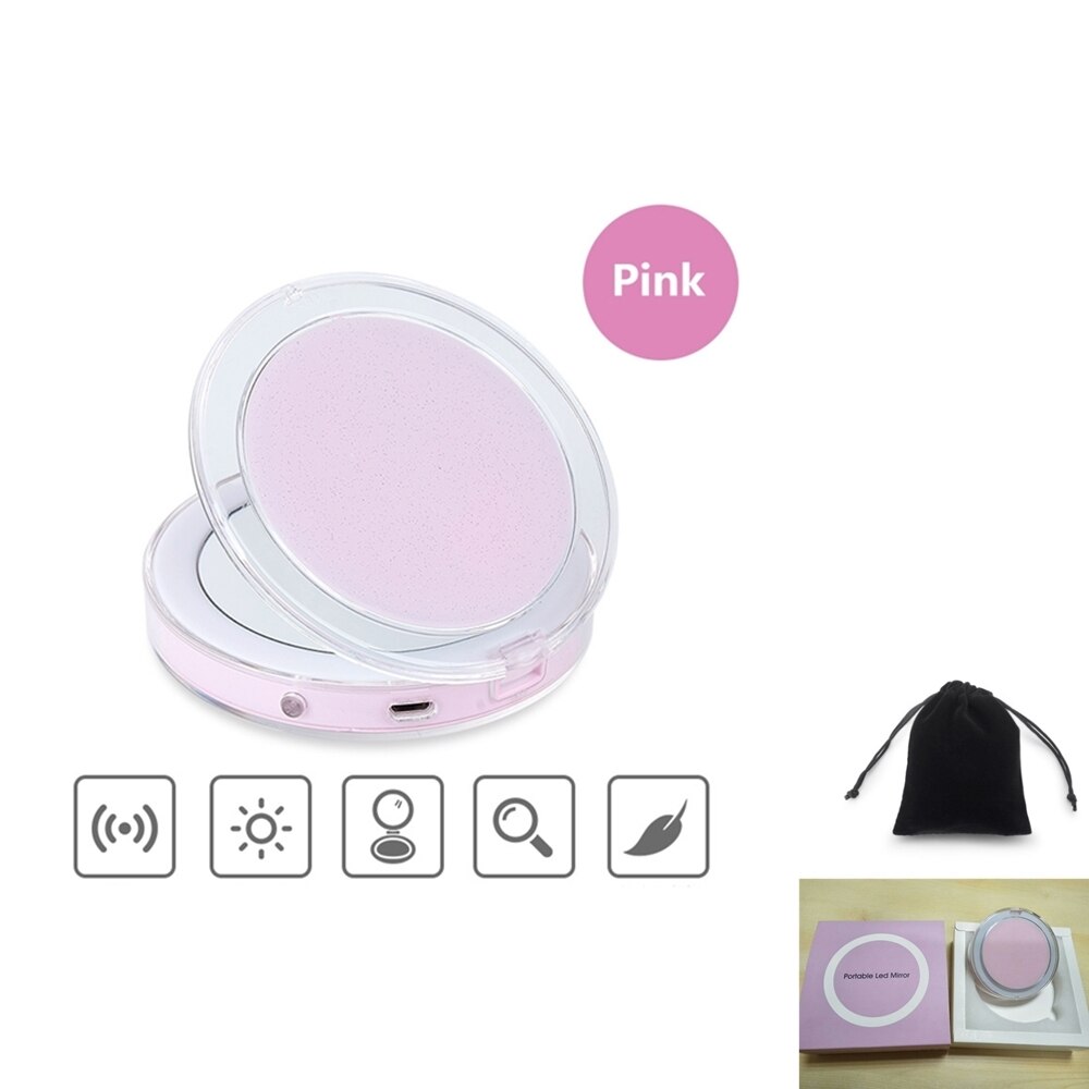 Espejo de maquillaje plegable con luz led 5 veces aumento espejo cosmético anillo de belleza espejo de luz foto Luz de relleno espejos pequeños: Pink with box