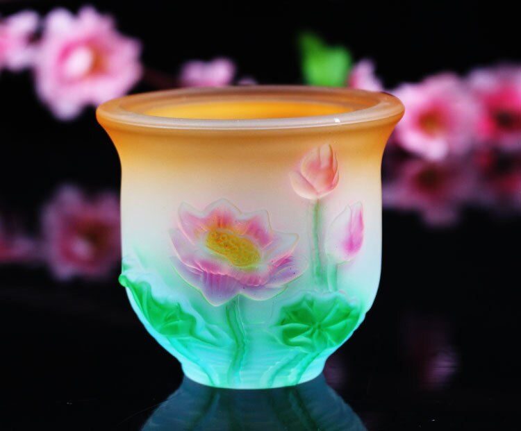 Boeddha Ornament Lotus Water Supply Cup Glazen Kom Crystal Heilige Water Cup Creatieve Kleurrijke Guanyin Cup Plaat Boeddhistische Leveringen