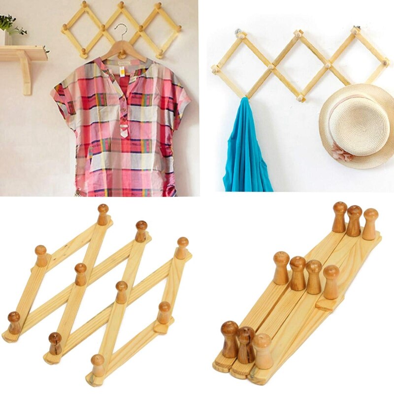 XD-Accordion Wall Hanger 10 Hooks Pack Of 2 Natural Wood Wall Mounted Expandable Accordion Peg Coat Rack Hanger 2 Pack