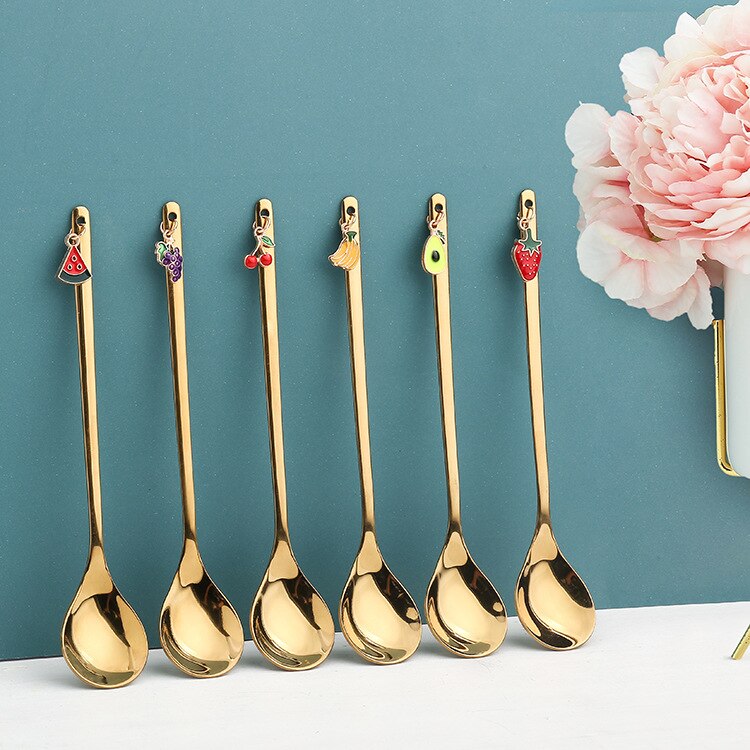 Christmas Spoon Vacuum Plating Stainless Steel Coffee Spoon Long Handle Tea Spoons Kitchen Drinking Flatware