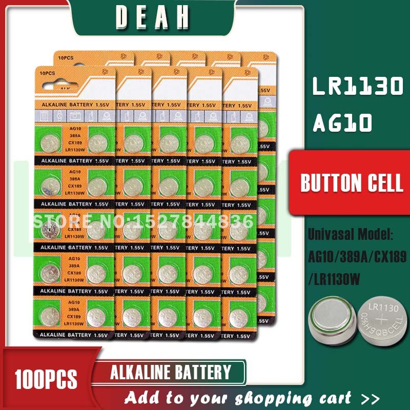 DEAH 100 sztuk AG10 LR1130 1.55V alkaliczna bateria moneta AG 10 SR54 189 389 SR1130 L1131 G10A baterie guzikowe robić zegarków zabawki
