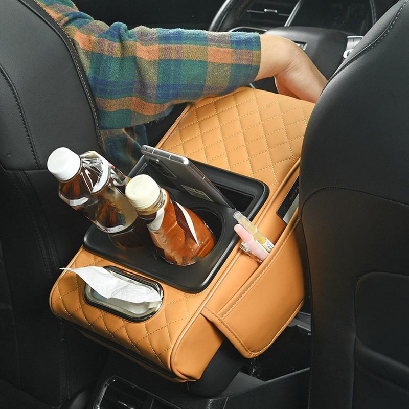 Coussin d'accoudoir de Console centrale automatique, avec 2 porte-gobelets, support de téléphone, coussin d'accoudoir en cuir PU, oreiller Portable pour voiture, coussin de hauteur