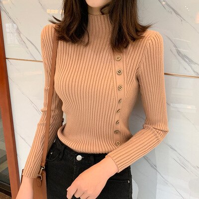 Autumn Ribbed Button Women Sweater Pullovers Cotton Long Sleeve Turtleneck Pullovers Jumpers Spring Soft Comfortable Basic Tops: Pink