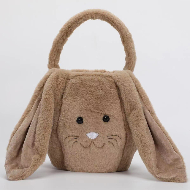 1PC Cute Easter Bunny Basket Long Ear Plush Handbag Egg Candy Baskets Party Decoration For Kids Round Bottom Tote Bag: Brown