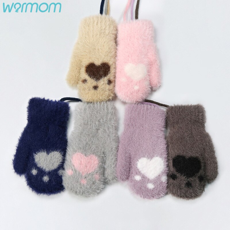 Warmom Karikatur Nette Hand-gedruckt Gestrickte Warme Handschuhe für Jungen Mädchen Gestrickte Wolle Neckholder Handschuhe freundlicher Handschuhe Winter warm