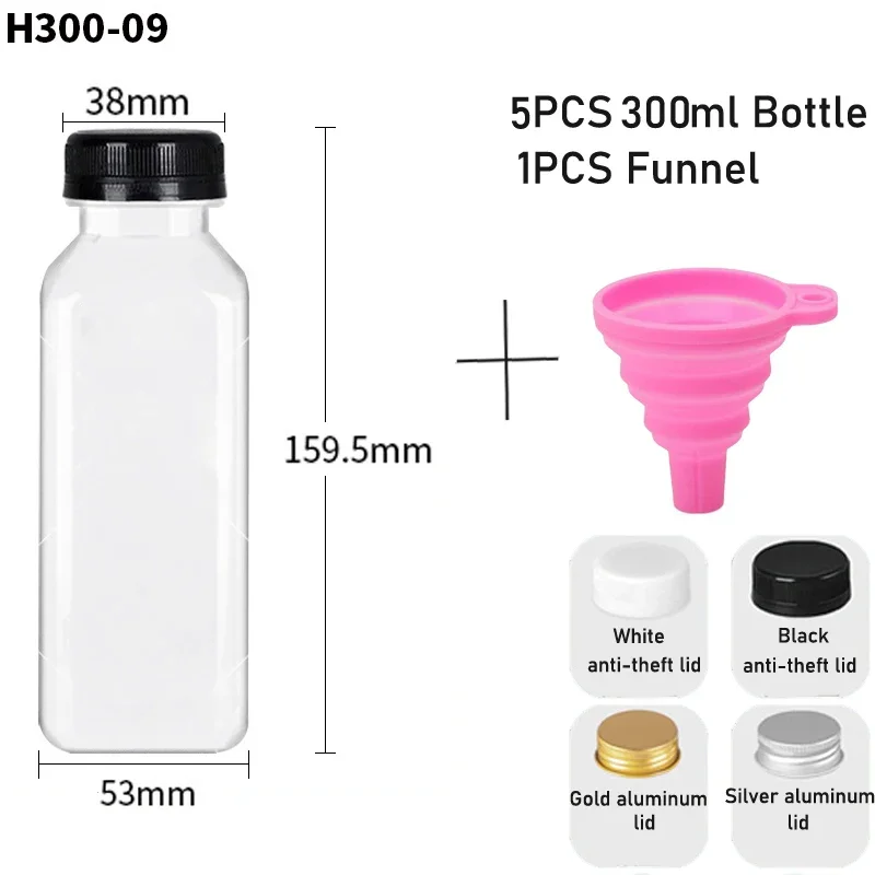 5 uds 60-500ML botellas de plástico transparentes vacías con tapas con embudo plegable contenedores de botellas de agua reutilizables para batidos de jugo DIY: Verde militar / 6 ml