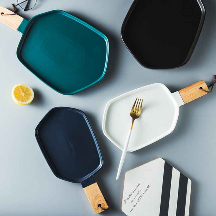 MUZITY Ceramic Plates With Wooden Handle Pigmented Irregular Porcelain Dish Plate Dinner Set