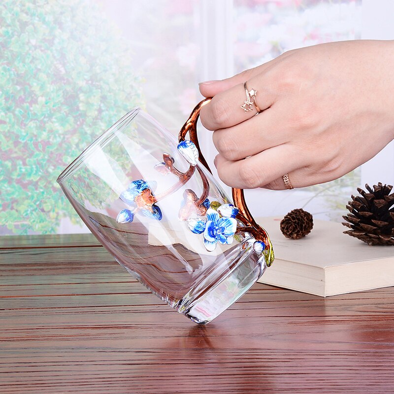 Peach Blossom and Rhinestones Decorated Enamel Coffee Cup Mug Flower Tea Glass Milk Cups Alloy Handgrip Cups and Mugs