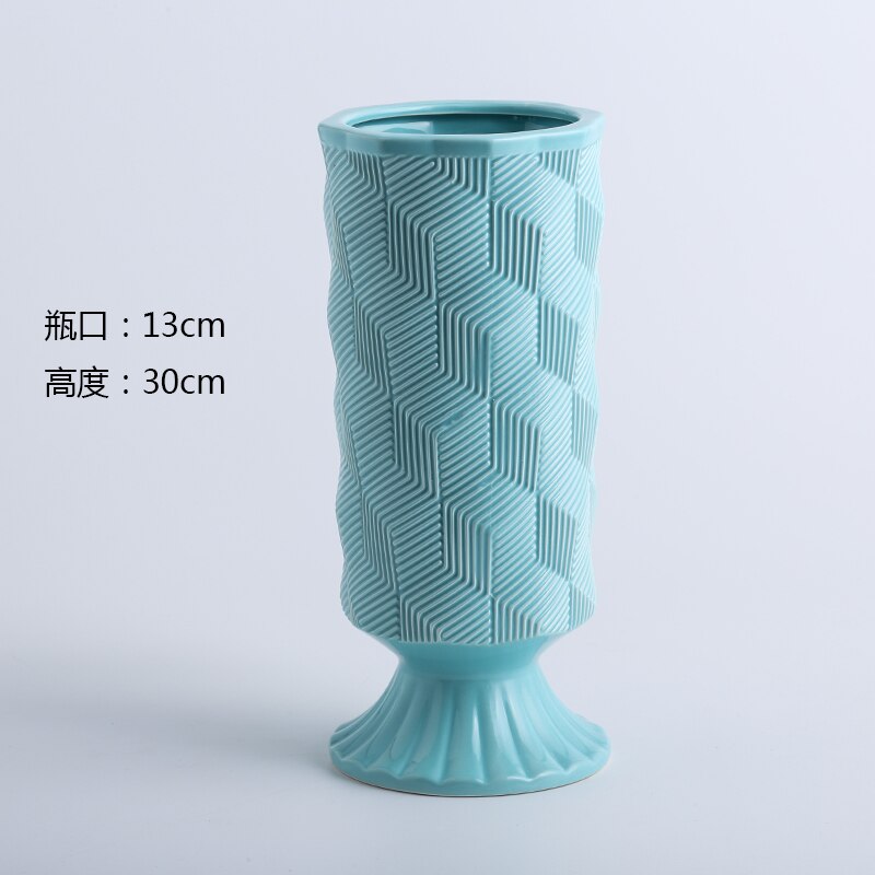 European-style Simple White Striped Vase Ornaments Ceramic Flower Arrangement Water Vase Living Room Decoration Accessories: A-Blue