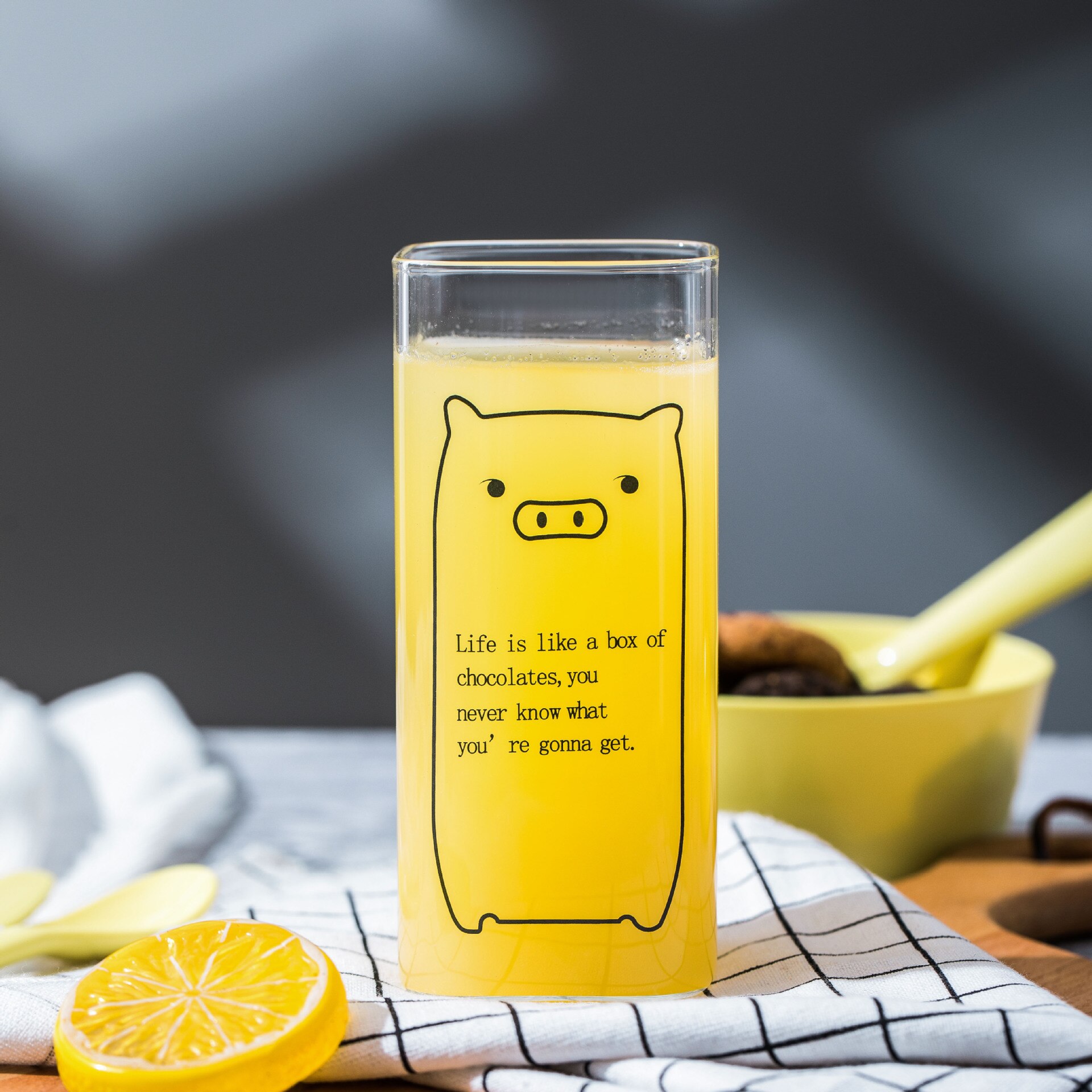 Transparent Cute Animal Pattern Glass Cup Household Coffee Milk Breakfast Drink Mug Student Square Cup Heat-resistant: Pig