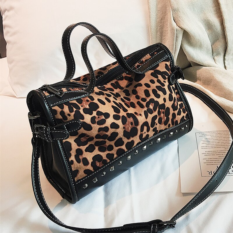 Leopardo bolsas bolso mujer fregar bolsa de hombro remache de bandolera con de varias telas nueva cremallera de alta capacidad de bolso