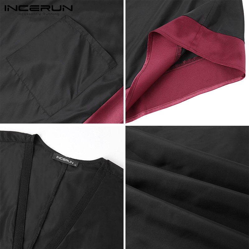 Men Muslim Jubba Thobe Half Sleeve Loose Patchwork V Neck Robes Islamic Arabic Kaftan Casual Men Clothing S-5XL INCERUN