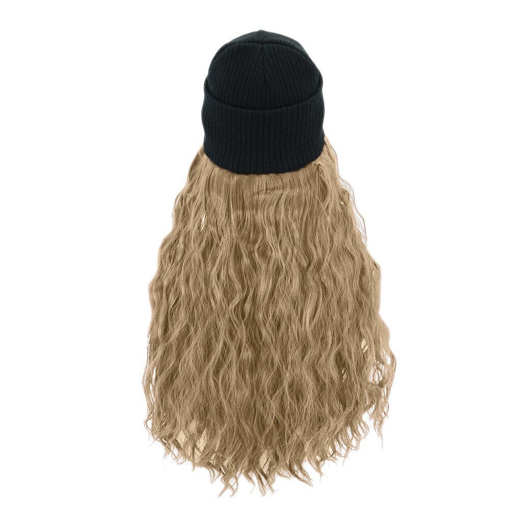 Synthetische Lang Krullend Knit Skiën Winter Hoeden Met Haar Pruik Beanie Bevestigd Hoed Pruik Voor Meisje Hangen Natuurlijke Katoen gemaakt #128: Goud