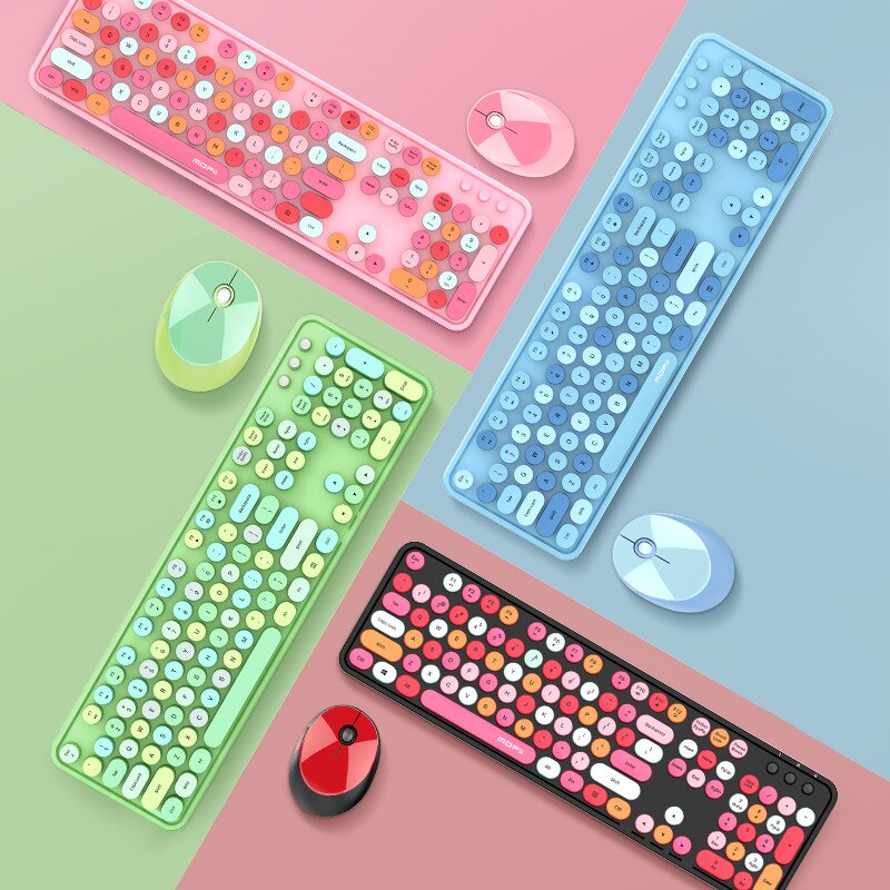 2.4G Wireless Keyboard Mouse Kit Office Girl 104 Keys Round Keycap Cute Pink Blue Green Red Black White For PC Laptop
