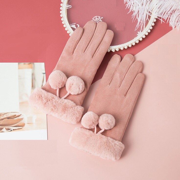 luxe daim gants mitaines doigt complet mitaines droite Index doigt écran gant velours épais femmes hiver: pink with fur ball