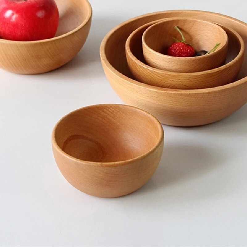 Round Wooden Salad Soup Dining Bowls Plates Storage Home Kitchen Bowl