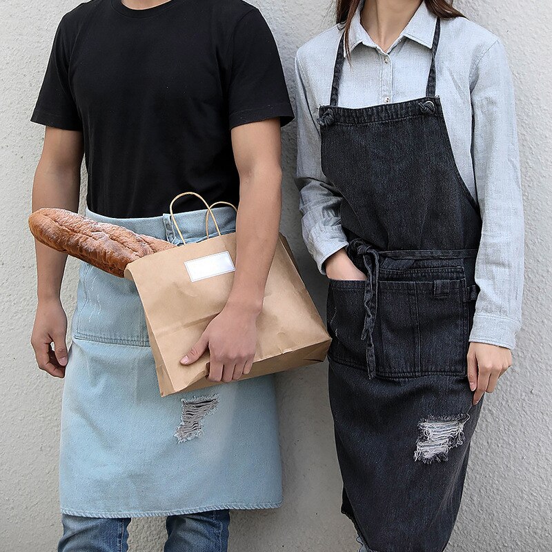 Newly Denim Hanging-neck Apron Sleeveless Apron Dust-proof Overall for Chef Kitchen with Pockets Unisex