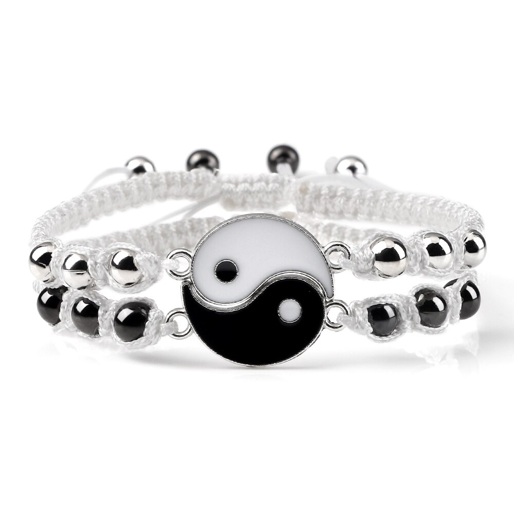 2 unids/set de pulsera trenzada Yin Yang Tai Chi, abalorio negro y blanco, pulseras ajustables a juego para parejas y joyería para amantes de la distancia Blangle: White