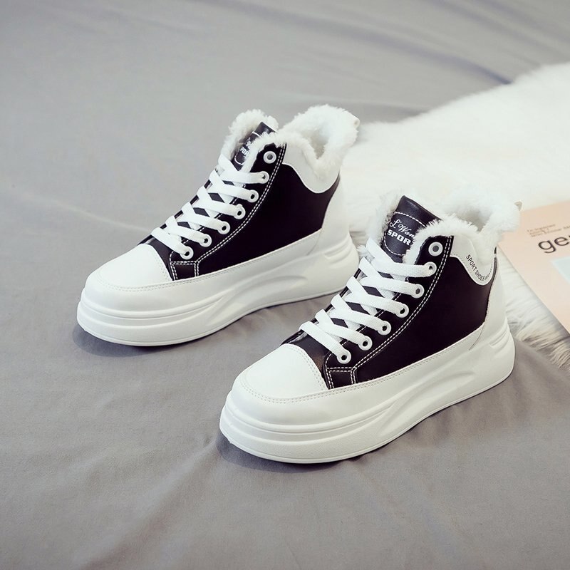 Winterschoenen, warme schoenen voor dames, platformschoenen, casual pluche hoge sneakers, dikke sneakers voor dames, damesschoenen met mandje