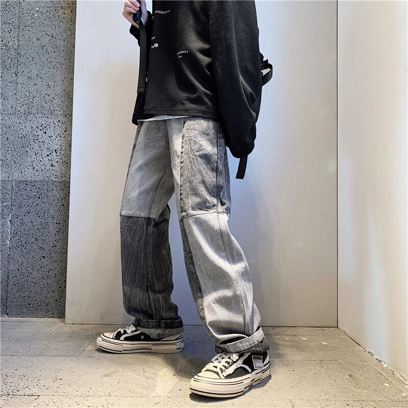 saferido Distressed Vintage Wide-leg Jeans Pants Men Hip Hop Patchwork Denim Male Loose Casual Japanese Streetwear Mopping Trousers