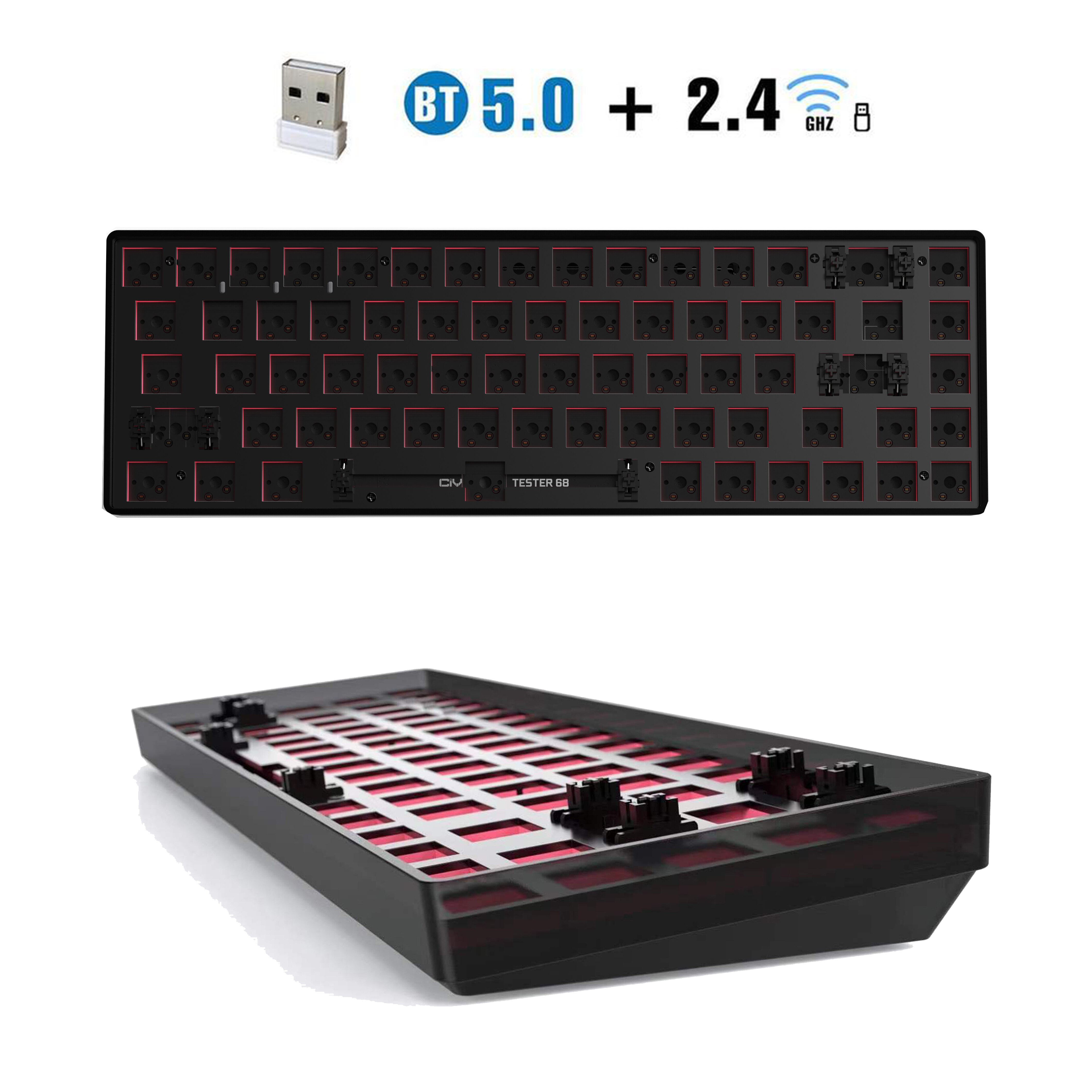TESTER68 – Kit de clavier mécanique sans fil, Bluetooth 2.4G, 2 modes de jeu, 60%, pour interrupteur 3 broches/5 broches: TESTER68 bkack