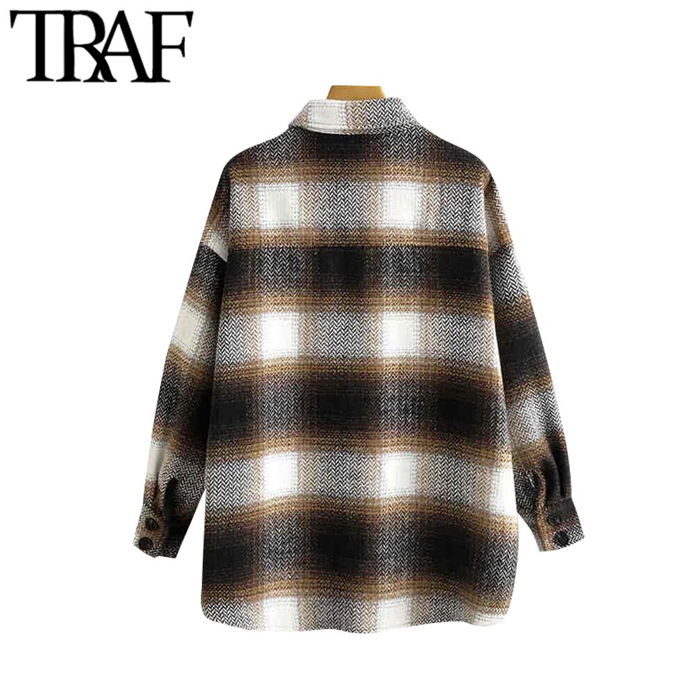 TRAF-Chaqueta de lana a cuadros para mujer, chaqueta holgada de lana de gran tamaño con bolsillos y manga larga, Estilo Vintage