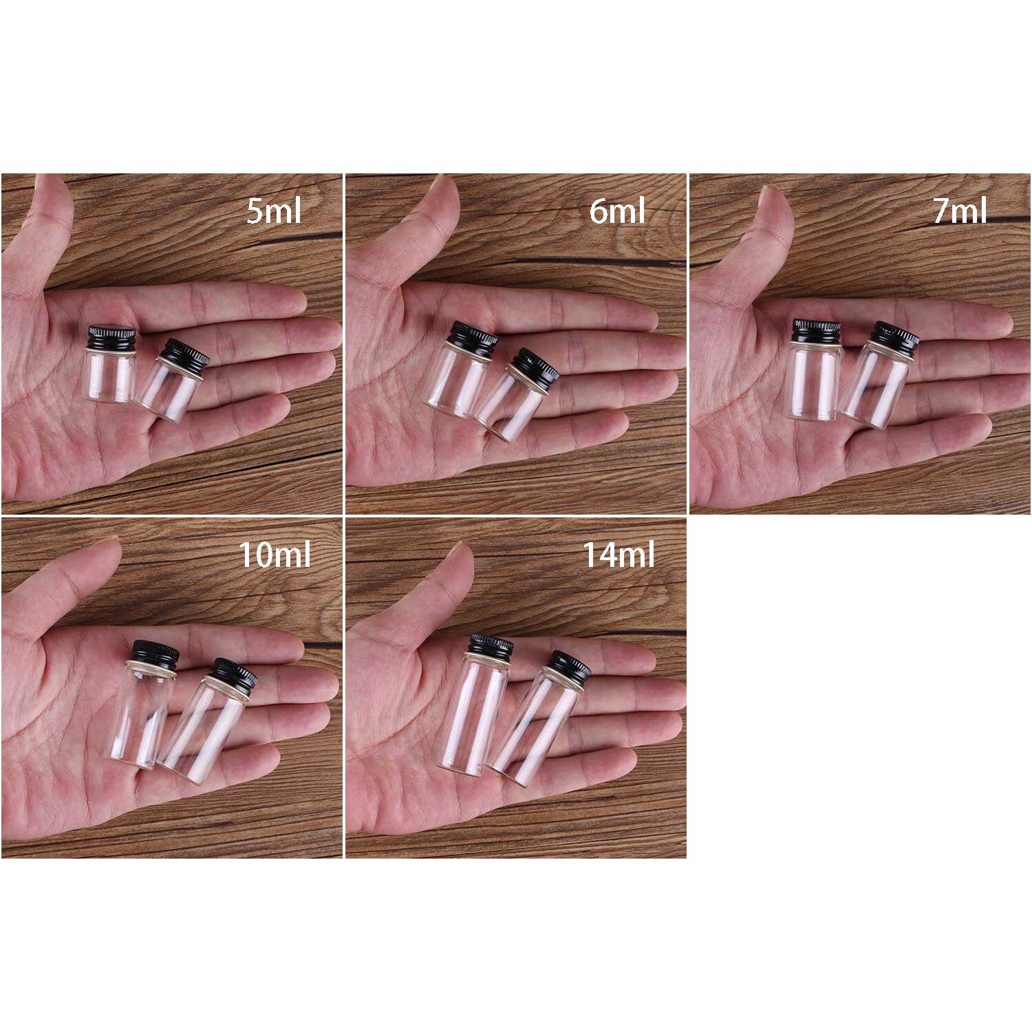 48 Stuks Diameter 22 Mm Glazen Flessen Met Zwarte Aluminium Caps 5-14 Ml Kleine Glazen Potten Wedding Craft 5 Maten U-Pick