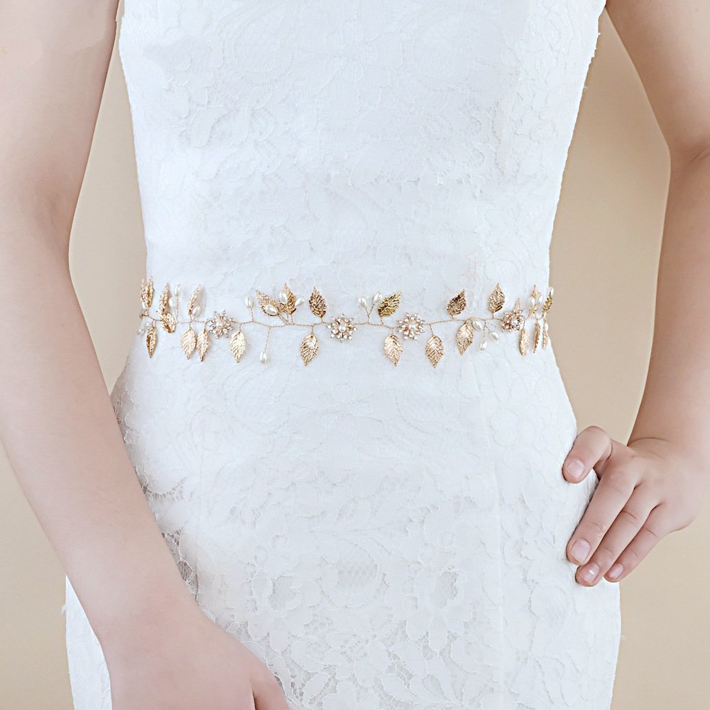 Cinturón de novia dorado, pétalos de cristal de hojas, cinturón de boda, vestido de novia y dama de honor