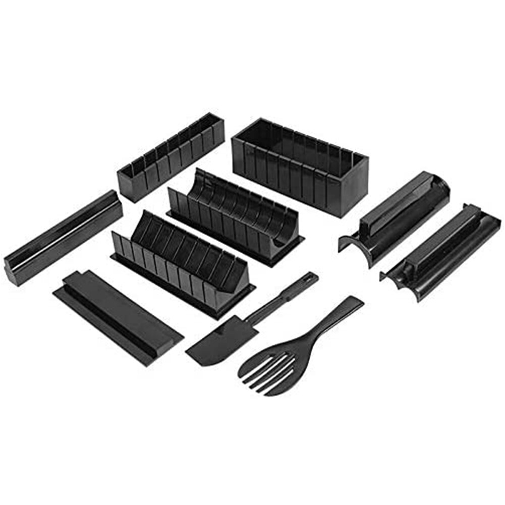 10pcs Plastic Sushi Making Kit DIY Household Kitchen Sushi Maker Tools Complete with Sushi Rice Roll Mold Shapes Fork Spatula: black
