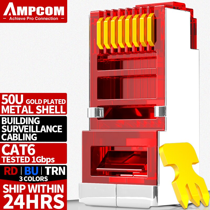 AMPCOM CAT6 Shielded RJ45 Modular Plug Connector 8P8C Crimp End Ethernet Cable Ethernet Connector Gold-Plated 50U: Red / 30PCS