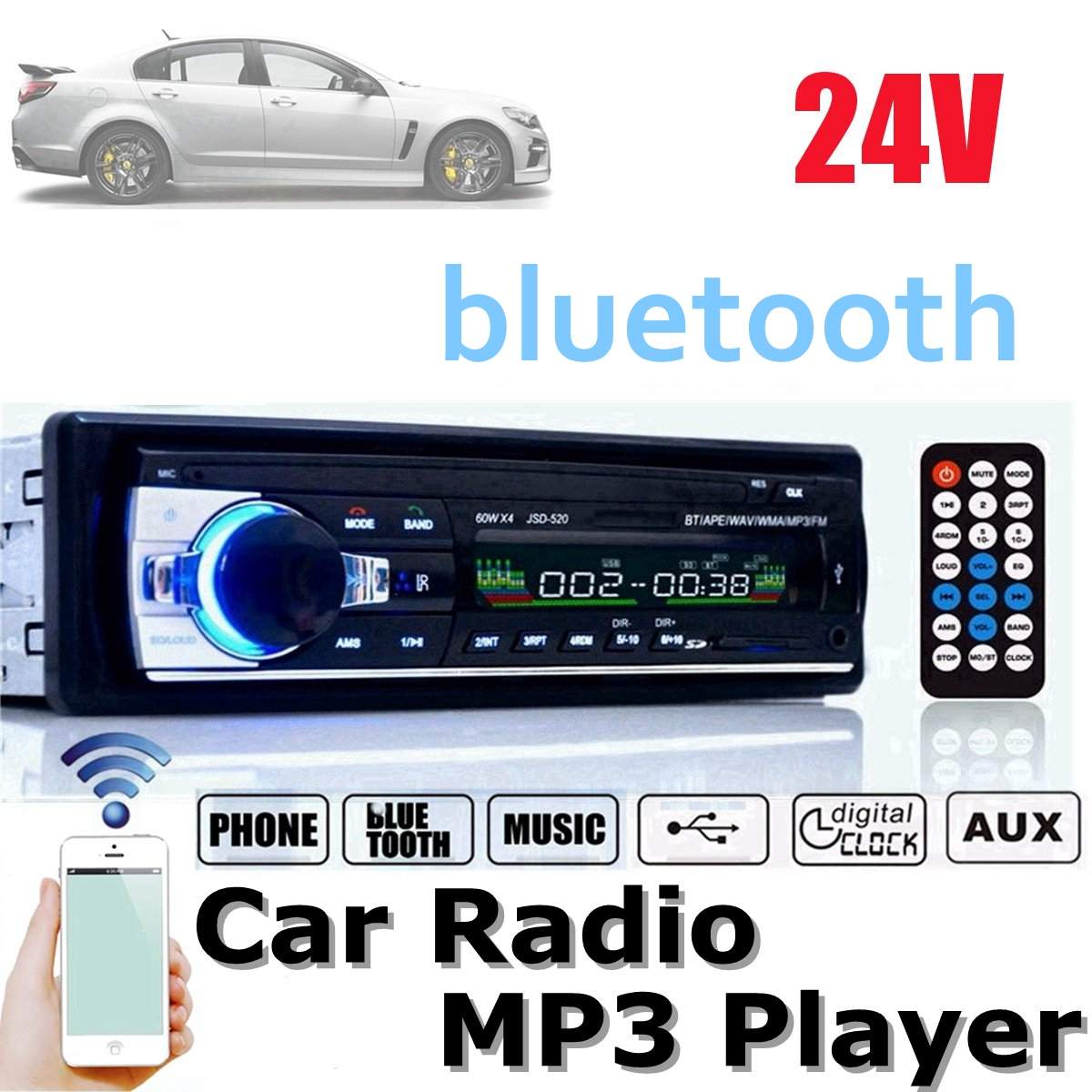 24v Car Stereo Audio bluetooth 1 din Car MP3 Multimedia Player USB MP3 FM Radio Player JSD-520 with Remote Control