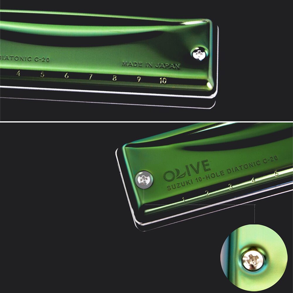 SUZUKI1 C-20 10 Holes 20 Tones Diatonic Harmonica Key of C Blue Mouth Organ with Olive-Green Case Standard Performance Harmonica