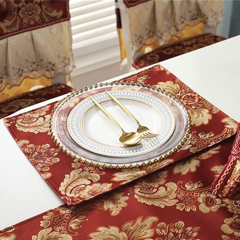 Eurooppalainen klassinen jacquard-tabletti kodin ylellinen kangas kulho matot lasinalus ruokapöytä sisustus länsimainen ruoka lämmöneristys pöytämatot: Punainen ilman pitsiä