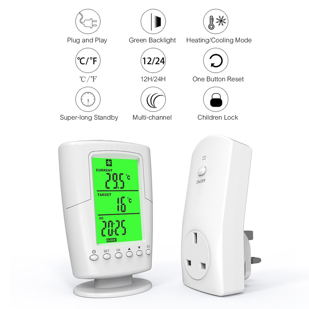 Smart Programmable Wireless Remote Thermostat LCD Screen + Plug in Socket Heating Cooling Program Temperature Controller: UK