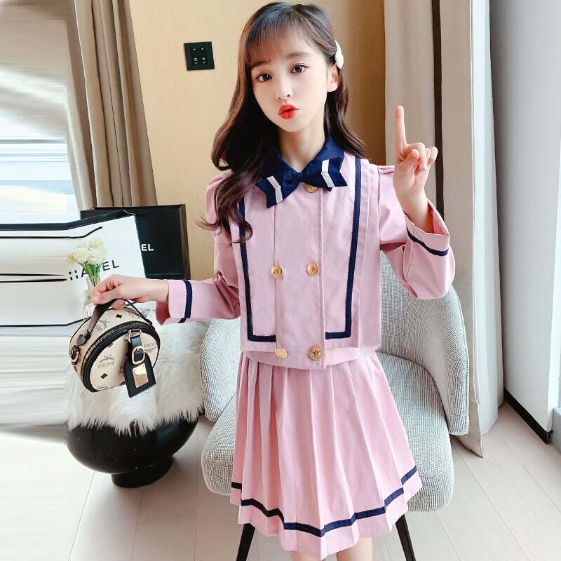 Ropa Formal para niña, conjuntos de 2 piezas, abrigo de , Falda plisada, trajes de para adolescentes de 5 a 14 años, primavera y otoño,: pink / 13 años